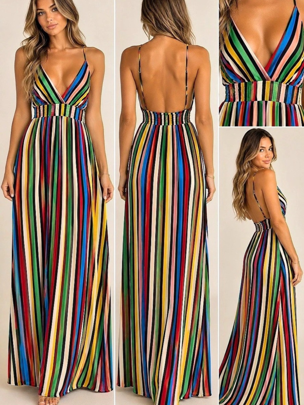 Buckle Striped Maxi Dress in Black & Multicolor Size Small NWT
